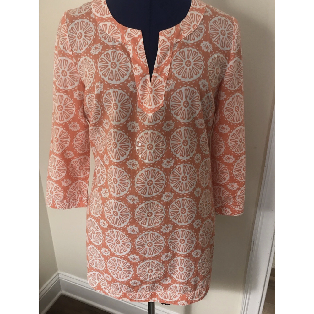 Island Republic Women's Tunic Top Orange & White Geo Print 100% Cotton - Size L